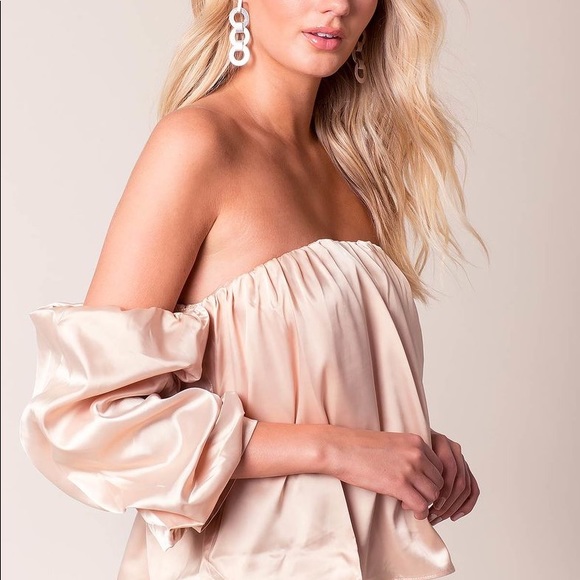 a'gaci Tops - Champagne New Ruffle Off Shoulder Satin Top